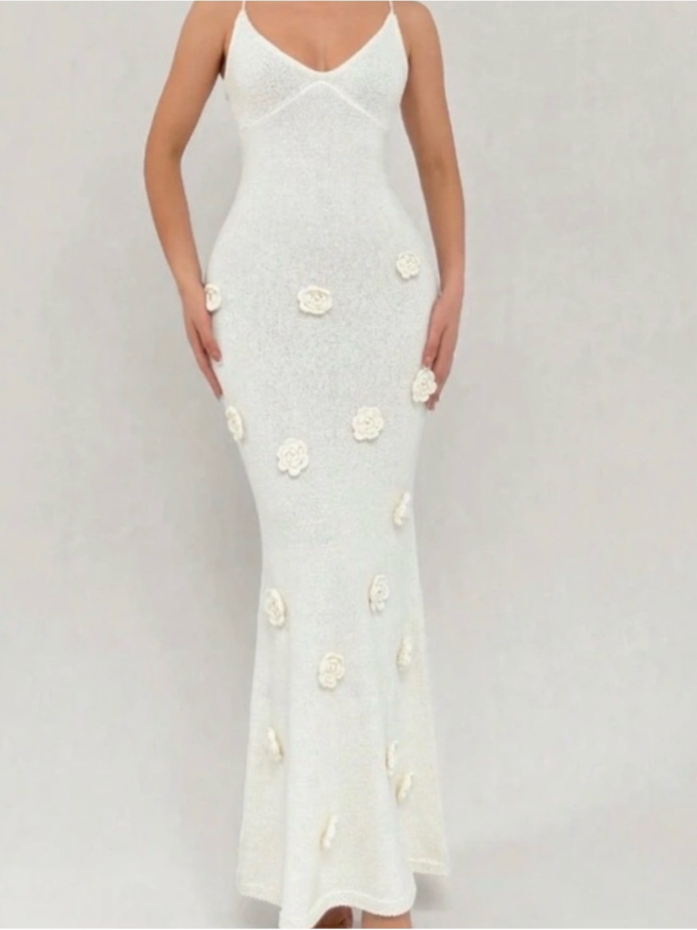 Backless White Floral Appliqué Knit Maxi Dress